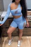 Pink Sexy Solid Patchwork One Shoulder Long Sleeve Two Pieces