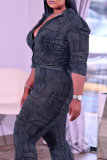 Light Blue Fashion Casual Print Basic Turndown Collar Long Sleeve Two Pieces
