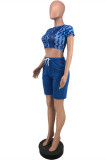 Blue Fashion Casual Print Basic O Neck Short Sleeve Two Pieces