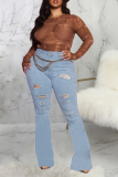 Baby Blue Casual Solid Split Joint High Waist Boot Cut Denim Jeans