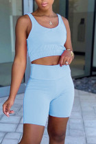 Light Blue Casual Solid Split Joint U Neck Sleeveless Two Pieces