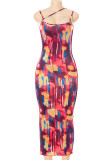 Red Sexy Print Patchwork Spaghetti Strap Pencil Skirt Dresses