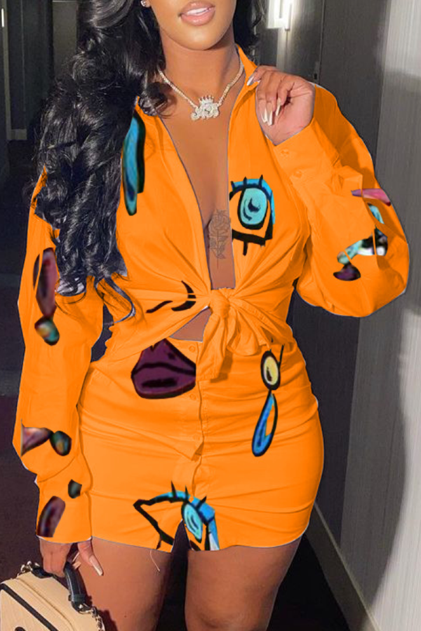 Tangerine Sexy Print Patchwork Turndown Collar Long Sleeve Two Pieces