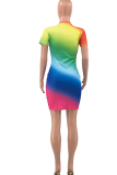 Pink Casual Gradual Change Patchwork O Neck Pencil Skirt Dresses