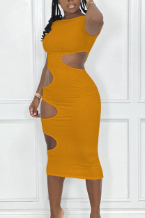 Yellow Sexy Solid Hollowed Out Split Joint O Neck Pencil Skirt Dresses
