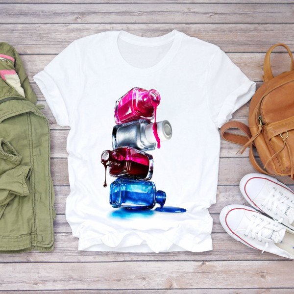 White Casual Print Patchwork O Neck T-Shirts