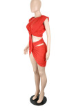 Red Sexy Solid Bandage Hollowed Out Patchwork Asymmetrical O Neck Sleeveless Two Pieces