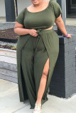 Army Green Fashion Casual Solid Slit O Neck Plus Size Two Pieces
