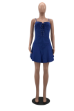 Deep Blue Sexy Solid Patchwork Spaghetti Strap Cake Skirt Dresses