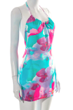 Multicolor Sexy Print Backless Halter Pencil Skirt Dresses