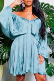 Blue Sexy Solid Flounce Off the Shoulder Pleated Dresses