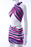 Purple Sexy Striped Patchwork Halter Sleeveless Two Pieces