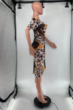 Yellow Fashion Sexy Print Leopard See-through Off the Shoulder Short Sleeve Two Pieces