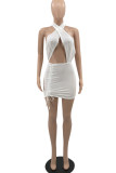 White Sexy Solid Hollowed Out Backless Halter Sleeveless Dress
