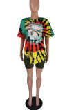 Red Casual Print Patchwork O Neck Short Sleeve Two Pieces