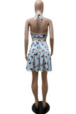 Blue Red Fashion Sexy Print Backless Strap Design Halter Sleeveless Two Pieces