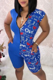 Peacock Blue Sexy Letter Patchwork Chains Turndown Collar Regular Jumpsuits