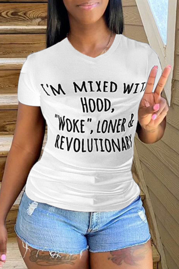 White Fashion Casual Letter Print Basic O Neck T-Shirts