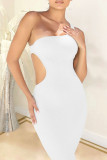 Red Sexy Solid Hollowed Out Patchwork Oblique Collar Pencil Skirt Dresses