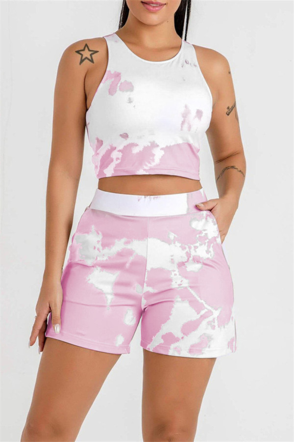 Pink Casual Sportswear Print Vests O Neck Sleeveless Two Pieces