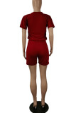 Burgundy Casual Solid Hollowed Out Frenulum O Neck Short Sleeve Two Pieces