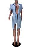 Light Blue Fashion Casual Solid Backless Turndown Collar Tops
