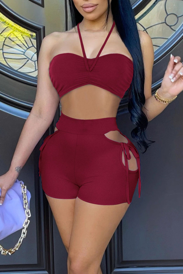 Burgundy Casual Solid Hollowed Out Patchwork Frenulum Strapless Sleeveless Two Pieces