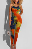 Blue Casual Print Patchwork Spaghetti Strap Skinny Jumpsuits