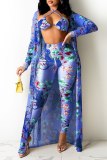 Rose Red Sexy Print Hollowed Out Halter Long Sleeve Three Pieces