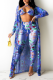 Blue Sexy Print Hollowed Out Halter Long Sleeve Three Pieces