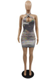 Grey Fashion Sexy Print Backless Halter Sleeveless Dress
