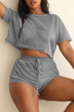 Grey Casual Solid Patchwork O Neck Short Sleeve Two Pieces