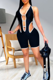 Black Sexy Casual Solid Hollowed Out Backless V Neck Skinny Romper