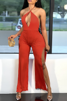 Red Sexy Solid High Opening Halter Boot Cut Jumpsuits