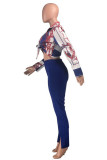 Rose Red Fashion Casual Print Bandage Slit Turndown Collar Long Sleeve Two Pieces