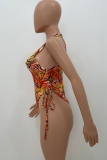 Gradient Color Sexy Print Hollowed Out Patchwork Draw String Swimwears