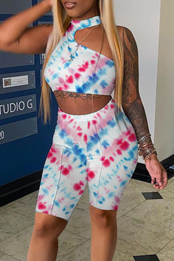 Blue Casual Print Hollowed Out Patchwork O Neck Sleeveless Two Pieces