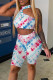 Blue Casual Print Hollowed Out Patchwork O Neck Sleeveless Two Pieces
