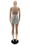 Yellow Sexy Print Patchwork Spaghetti Strap Sleeveless Two Pieces