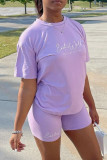 Purple Fashion Casual Print Basic O Neck Short Sleeve Two Pieces
