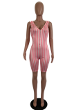 Pink Sexy Striped Patchwork V Neck Skinny Rompers