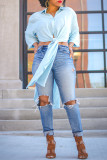 Light Blue Fashion Casual Solid Slit Turndown Collar Tops