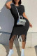 Black Fashion Casual Solid Tassel O Neck Short Sleeve Dress