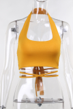 Yellow Sexy Solid Patchwork Halter Tops