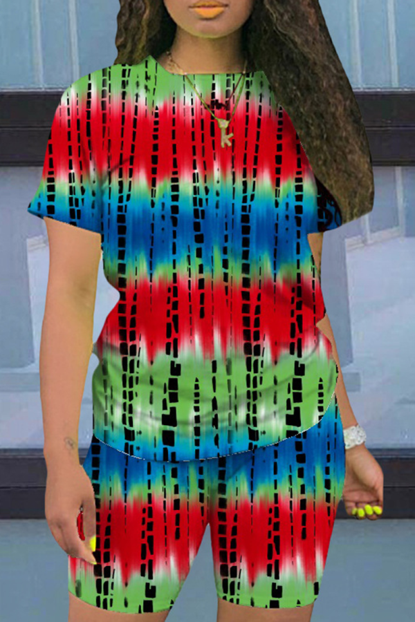 Green Casual Print Patchwork O Neck Short Sleeve Two Pieces