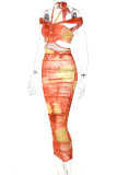 Orange Yellow Sexy Print Bandage Hollowed Out Patchwork Halter Pencil Skirt Dresses