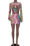 Red Sexy Print Bandage Patchwork See-through V Neck Long Sleeve Two Pieces