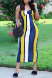 Yellow Fashion Sexy Striped Print Backless Spaghetti Strap Long Dress