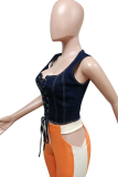Deep Blue Sexy Solid Buckle Square Collar Tops