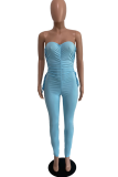 Blue Sexy Solid Patchwork Strapless Skinny Jumpsuits